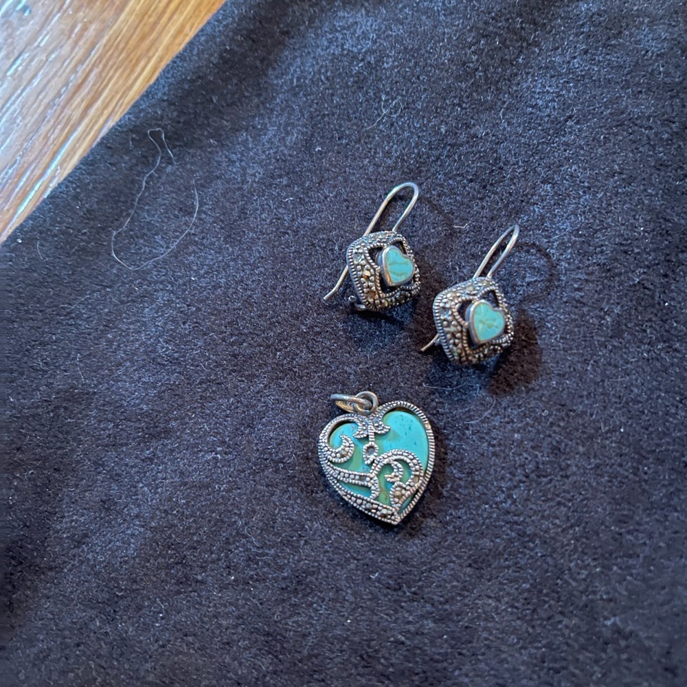 Turquoise and marcasite heart pendant and earrings
